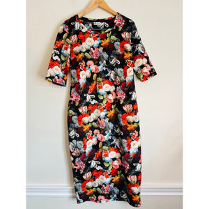 Thyme Maternity Black Floral Bodycon Midi Dress Small